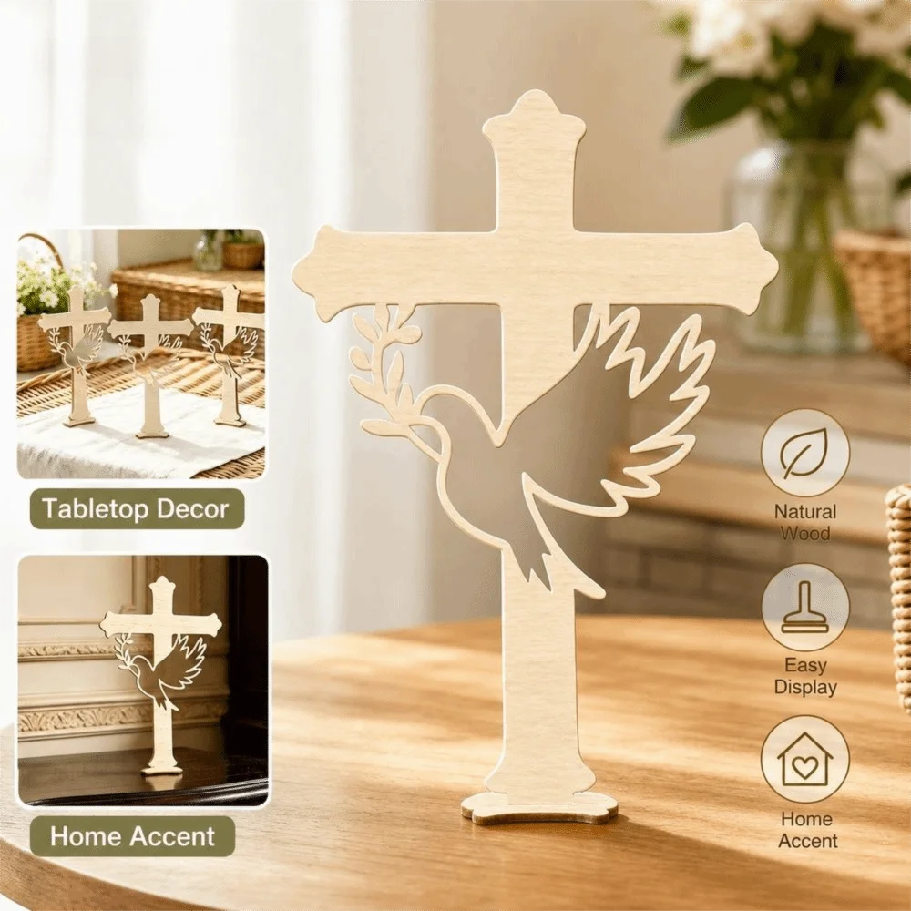 10Pcs Decorative Cross Wooden Peace Dove Cross Wood Hollow Dove Dove Cross Cutout Ornament Craft Style with Base