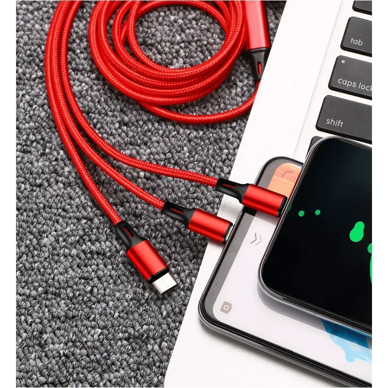 Anti-Stretch Multi-Port 2a Fast Charge Mobile Phone Charging Cable Phone Parts 3-In-1 Copper Core Nylon Braided Data Cable