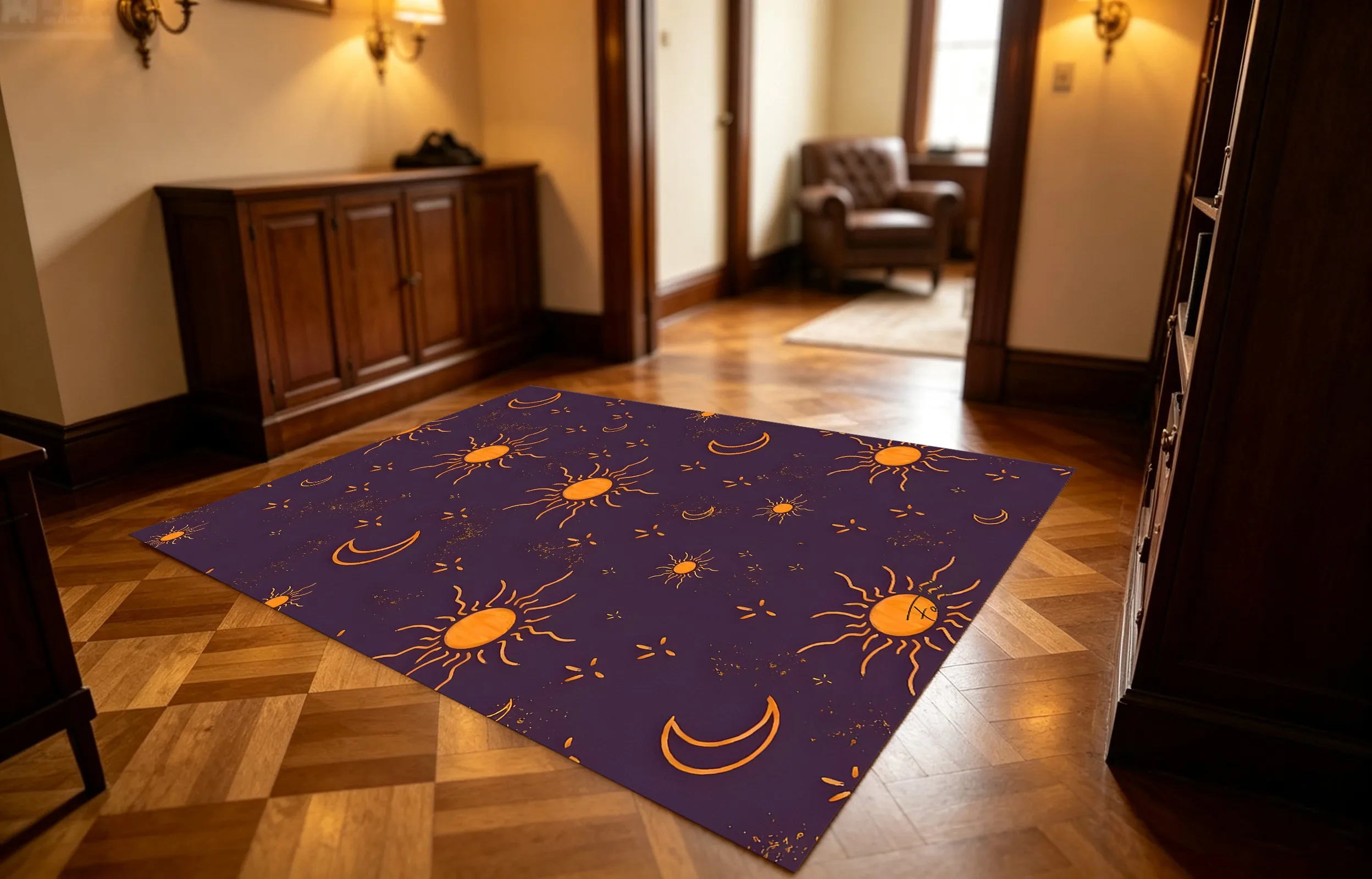 Dark Orange-Yellow Sun, Star, and Moon Pattern Bohemian Retro Style Velvet Rug Suitable for Halloween, Perfect for Bedrooms, Bedside Areas, Living Rooms, and Entryways, Creating a Mysterious, Romantic, and Soothing Soft Furnishing Atmosphere