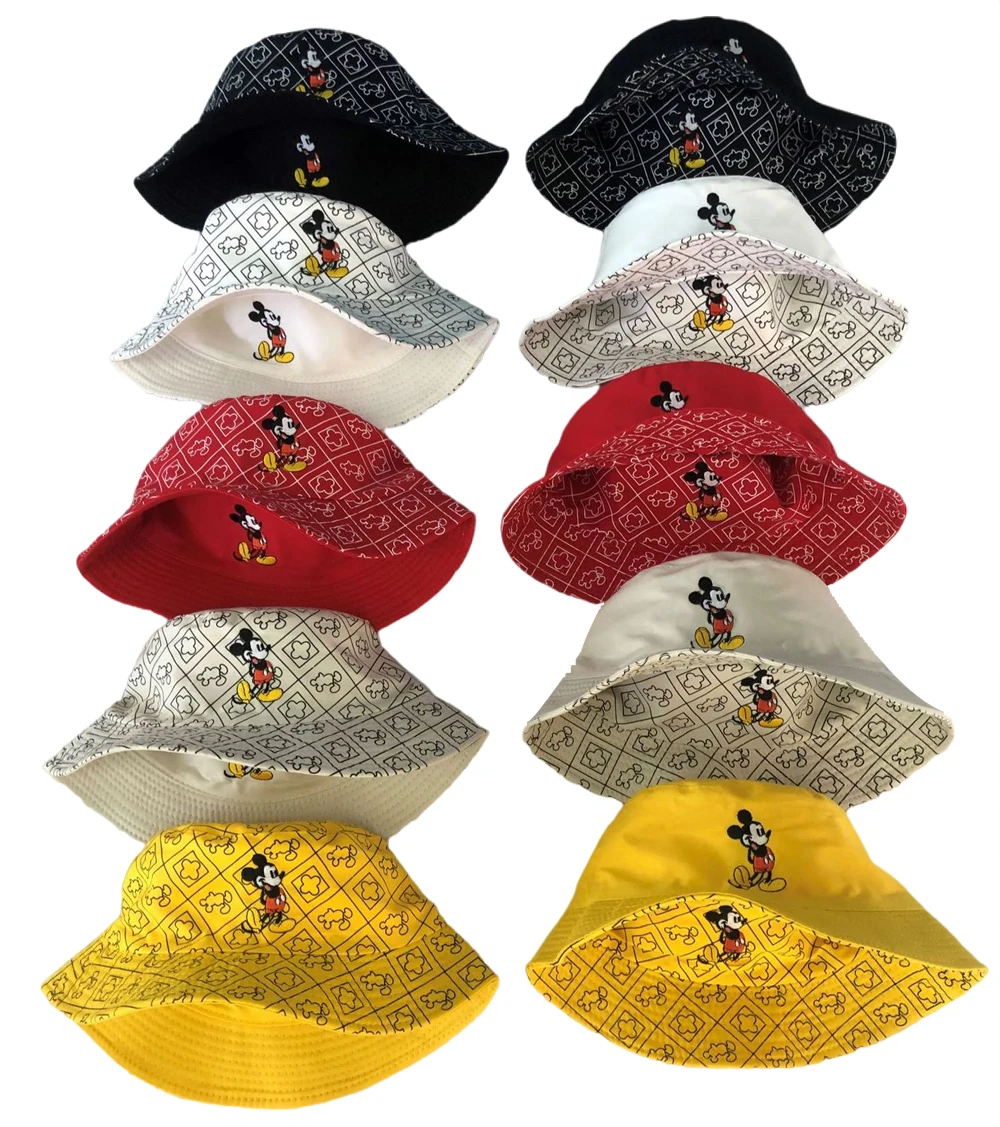 MINISO Cartoon Waflera Mickey Mouse Bucket Cap Autumn Fisherman Hats Double-sided Printing Cotton Cap Birthday For Kid Gifts