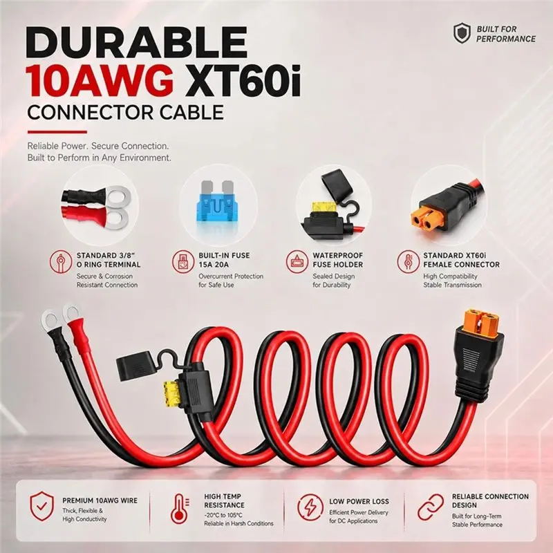 ABZS Xt60i To O-Ring Terminal Cable, 10AWG Xt60i Connector Cable With Inline 15A/20A Fuse, Heavy Duty Pure Copper Female