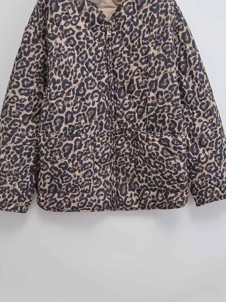 2024 European and American style new women\'s clothing classic fashion versatile fashionable leopard print zipper cotton coat