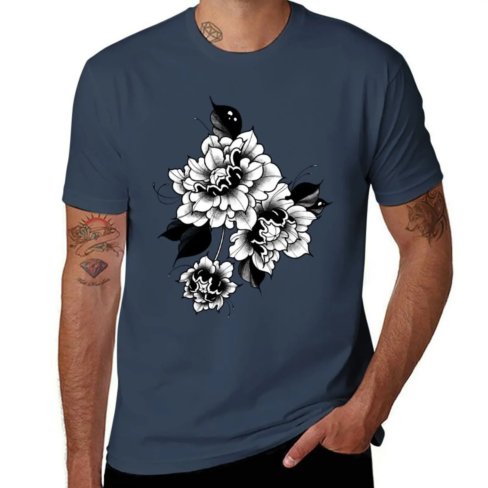 Blackwork Peonies T-Shirt Basic Tee Shirt for Everyday Outfit