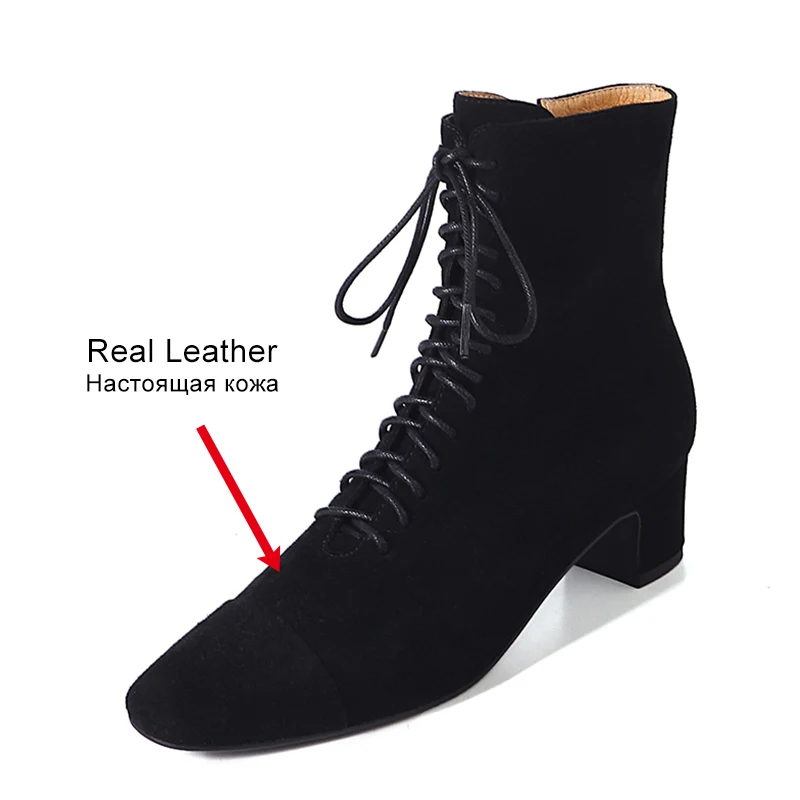 JOZHAMTA Size 34-40 Women Ankle Boots Suede Real Leather Thick Heels Fall Winter Shoes 2025 Lace-Up Office Lady Short Booties