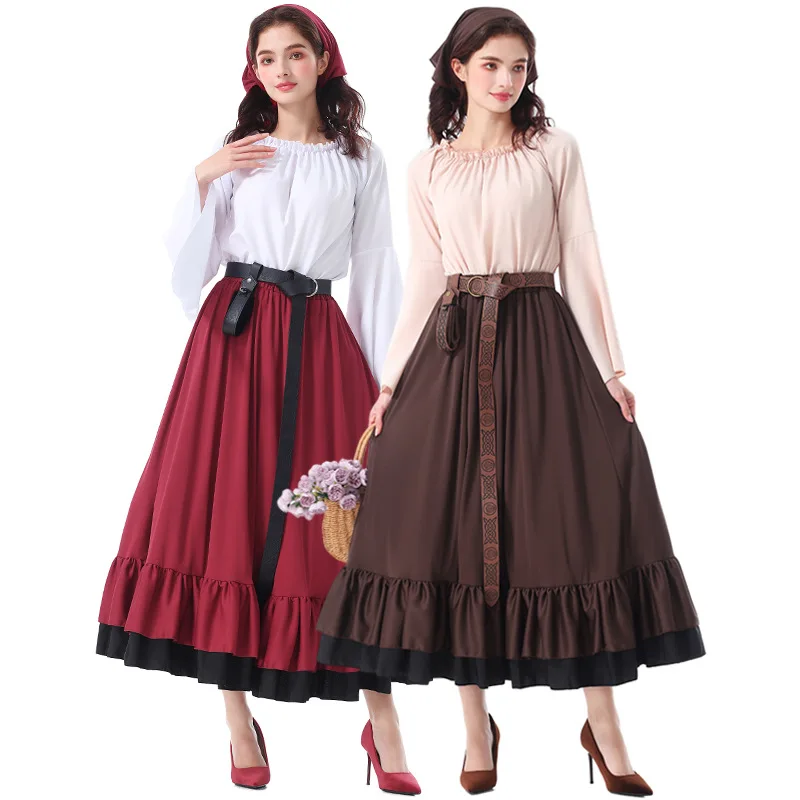 

Victorian Style Medieval Ruffle Long Dress Renaissance Halloween Outfit Adult Female with Headscarf