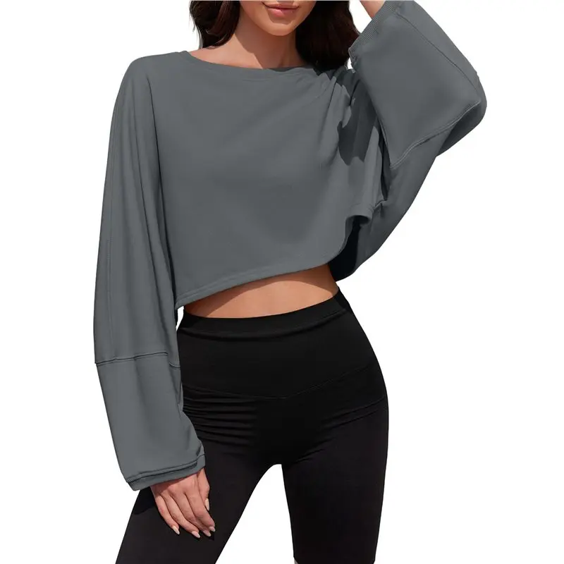 

CYL-Womens Long Ballon Sleeve Sweatshirts Tops Cropped Crew Neck Loose Fit Casual Workout Shirts