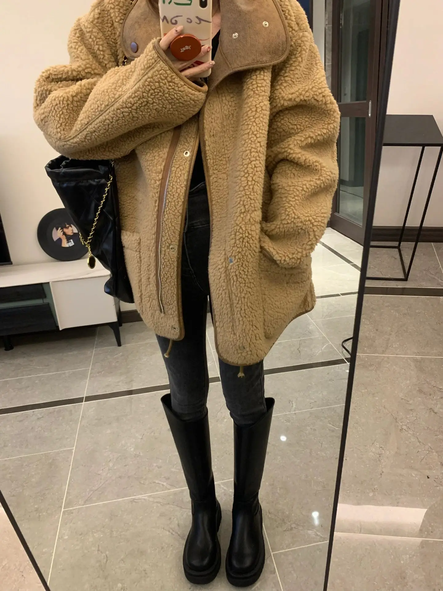 Lamb Fleece Suede Double Wear Thickened Coat Women\'s Winter American Retro Versatile Loose Worn Thickened Motorcycle Wear