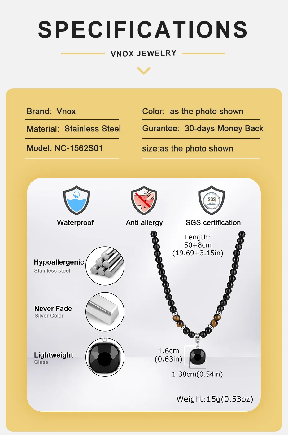 Vnox Herren Perlenkette, Edelstahl Schwarzes Quadrat & Grüner Rechteckiger Glasanhänger, Tigerauge Obsidian Perlenkette Schmuck für Männer – Detail 3
