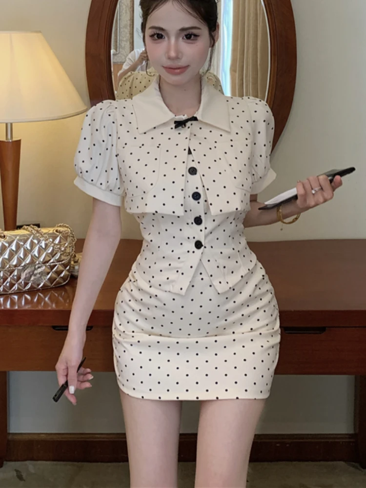 France Elegant Hot Girl Dot Suit Women Summer Bow Short-sleeved Jacket Strap Vest Buttocks Wrapped Mini Skirt Three Piece Set