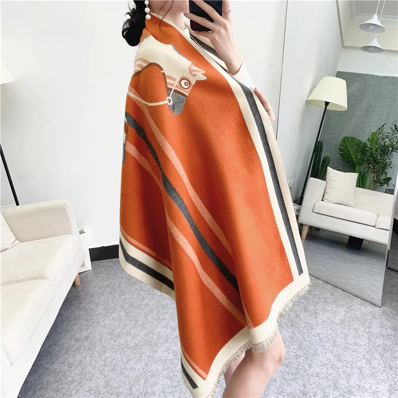 

2023 Animal Print Winter Cashmere Scarf Women Thick Warm Shawls Wraps Luxury Brand Horse Printed Pashmina Blanket Cape