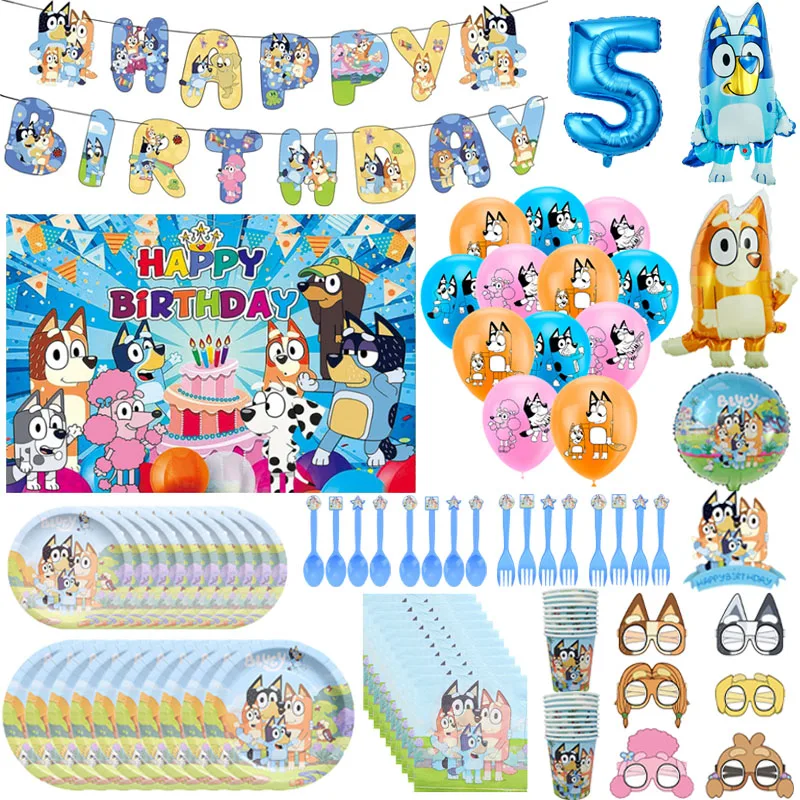 Zestaw dekoracji na urodziny w stylu rodziny Bluey, balony, talerze, jednorazowa zastawa stołowa, dekoracje na baby shower, akcesoria na imprezy dla dzieci.