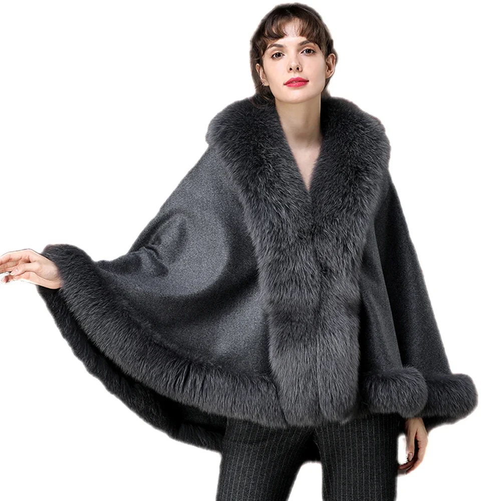 

Lady's Newest Real Cashmere Semicircle Cape Real Fox Fur Trim all around Ponchon 4 Colors