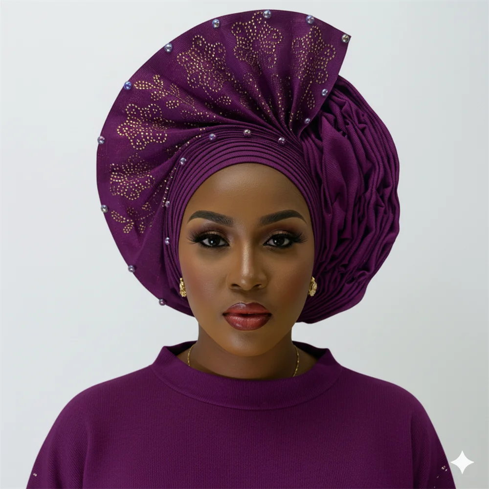 Beaded Headtie African Gele Headwear With Stones Women's Turbans Wraps, Already Made Sego Headtie For Wedding Party