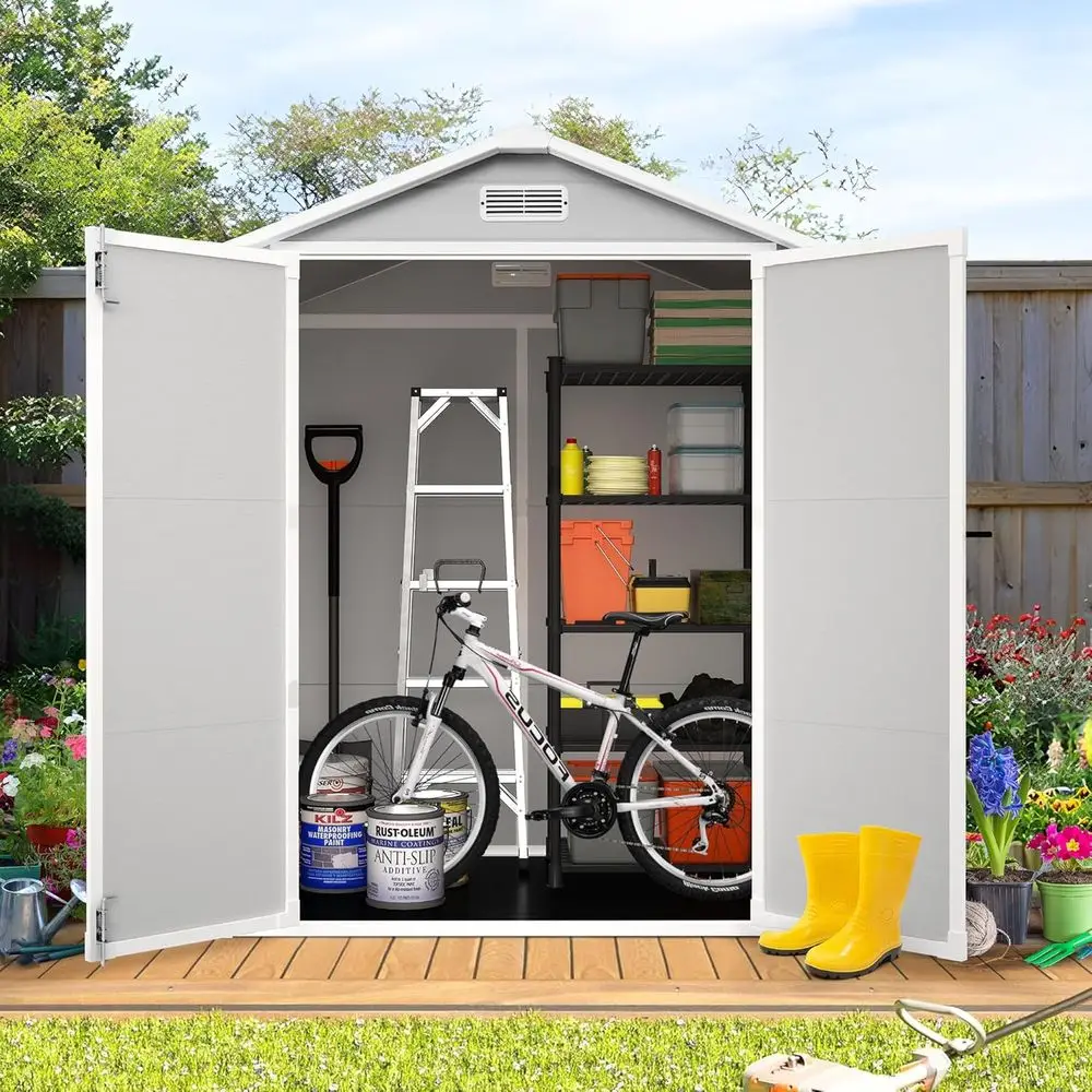 

Gray 6x4 Plastic Outdoor Shed with Floor, Waterproof & UV Protection, Lockable Doors, Air Vents, Side Window