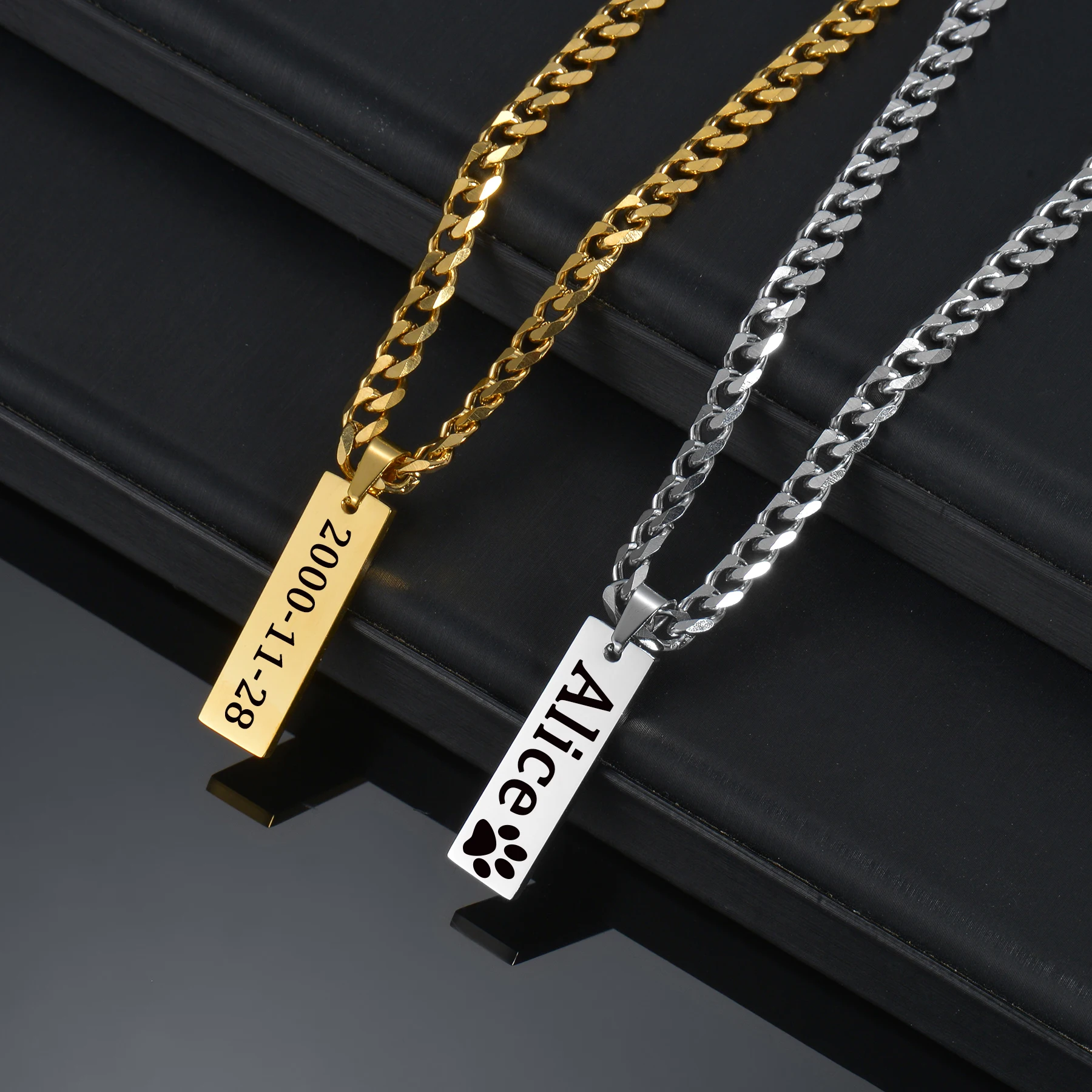 Acheerup Fashion Engrave Name Date Stainless Steel Necklace for Women Customized 5mm Cuban Thick Chain Pendant Jewelry Men Gift