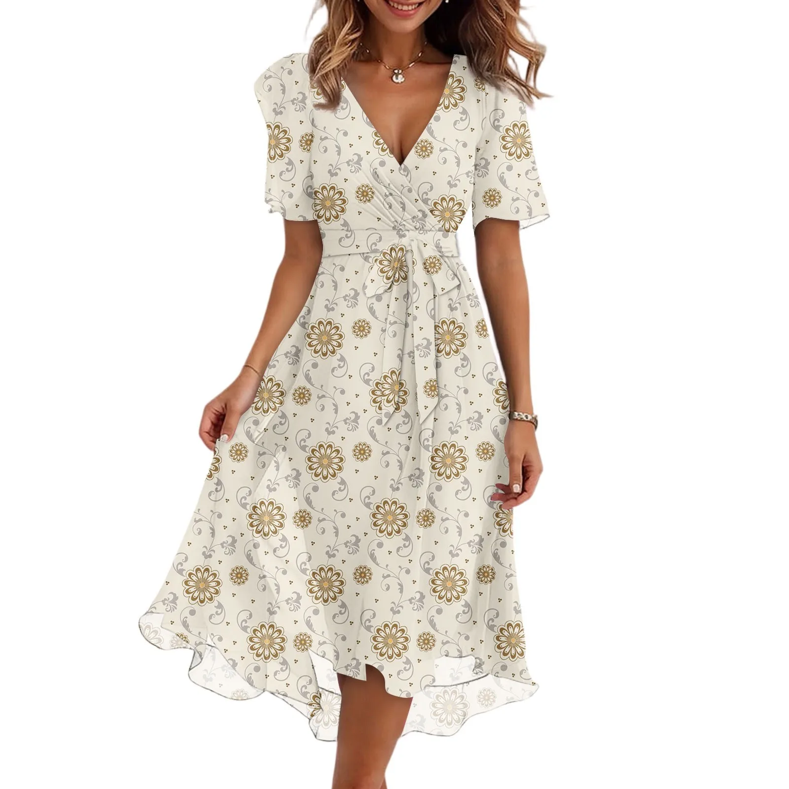 Damen-Sommerkleid mit Blumenmuster, lässig, Wickel-V-Ausschnitt, gerüschte Kapuze, kurze Ärmel, Gürtel, A-Linie, Rüschensaum, Midi-Sommerkleid, elegante Kleider