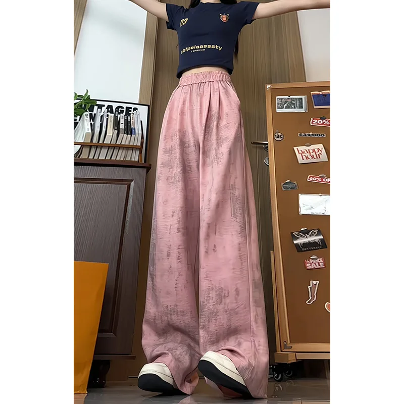 2026 Men'sInk Wash Tie-Dye Wide Leg Pants New Chinese Style Loose Fit Ice Silk Trousers Summer Casual Streetwear Bottoms