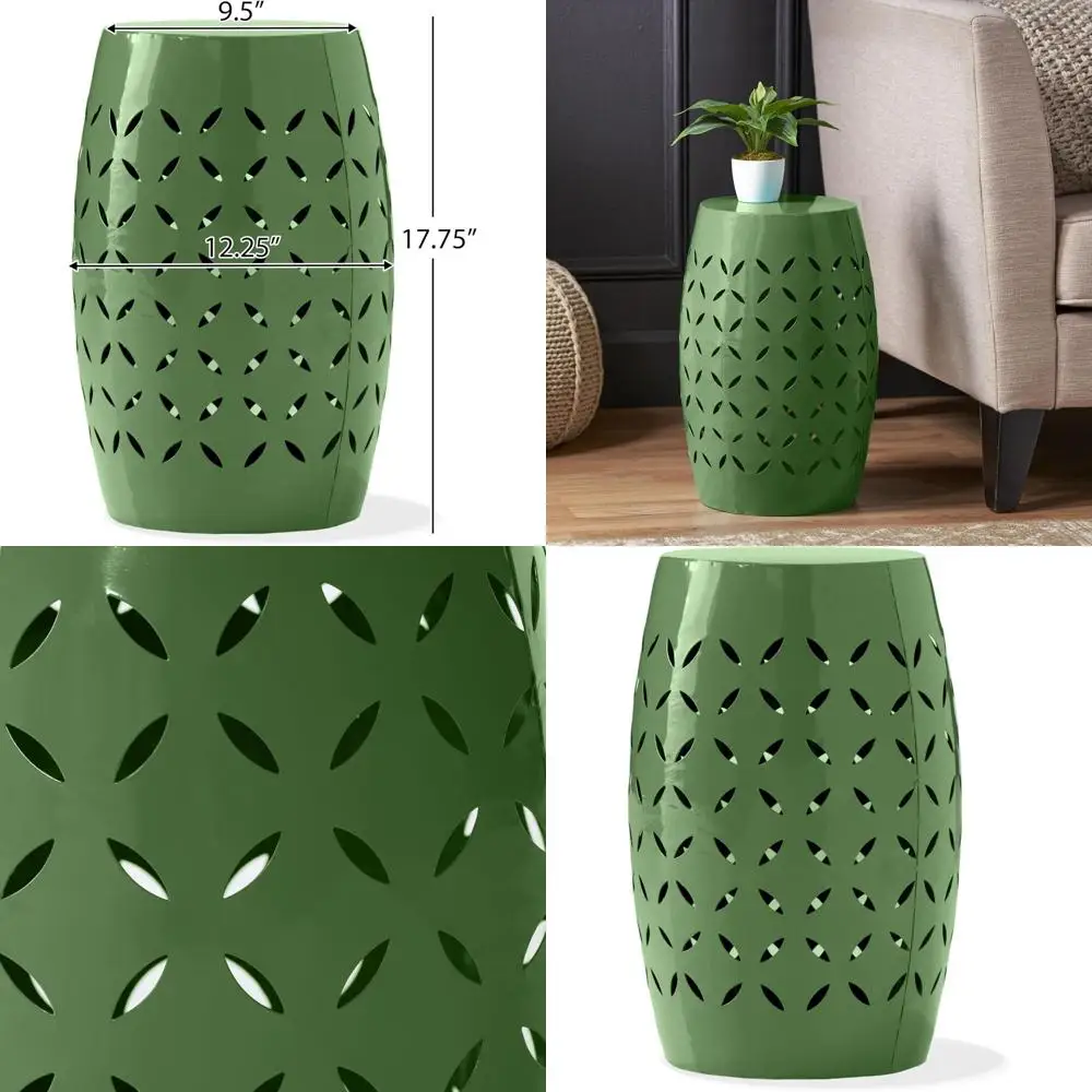 

17.75 Outdoor Metal Side Table, Lace Cut Iron Stool, Hollow Drum Round Side Table, Green Decorative Garden Stool with Cutout