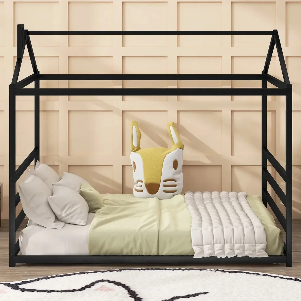 

Queen Size Metal House Platform Bed with Roof and Chimney Design, Low Profile Daybed for Kids Teens, Queen Size Canopy Beds