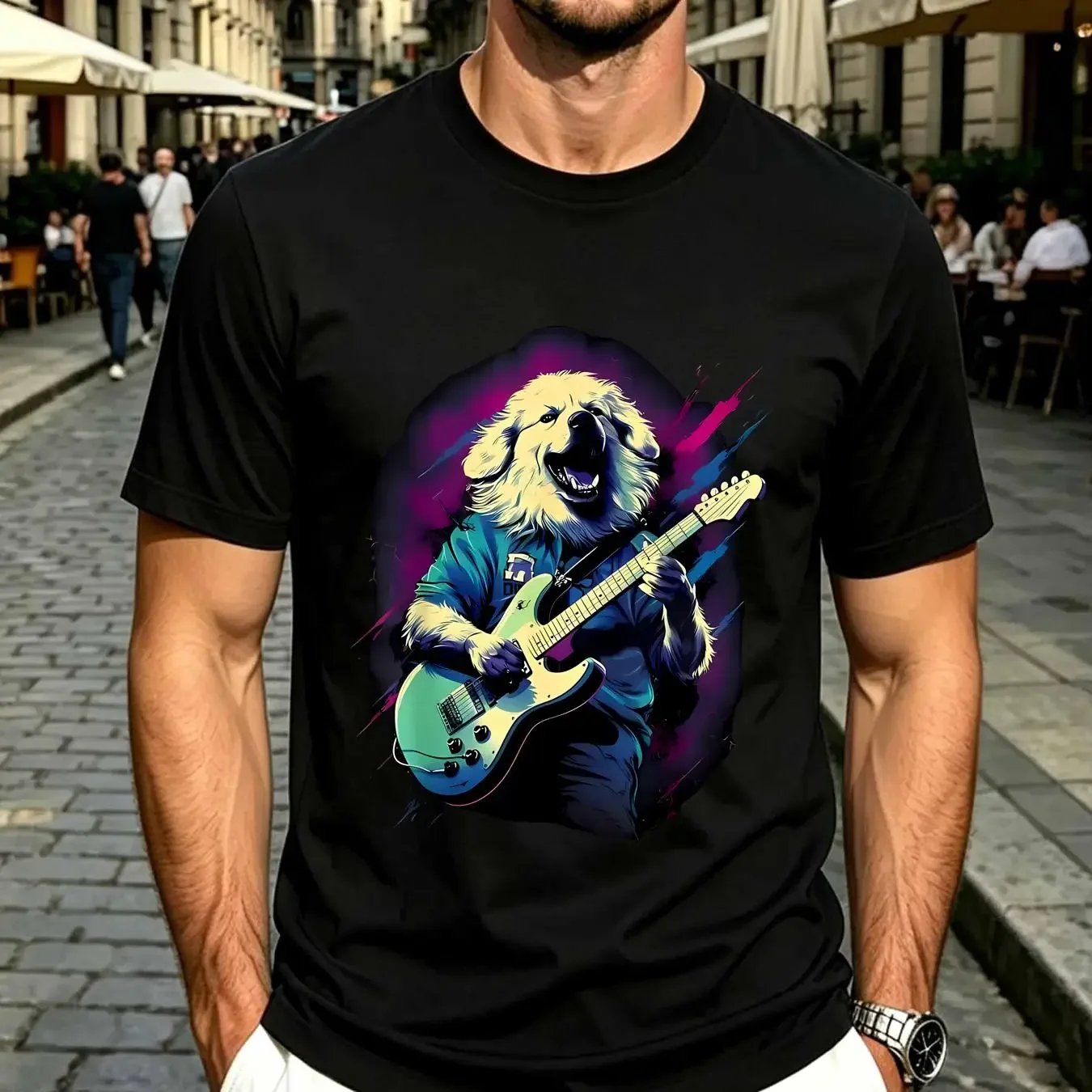 washed T Shirt Punk Rock Guitar Great Pyrenees Dog Guitarist long or short sleeves vintage Washed designer clothes Slightly