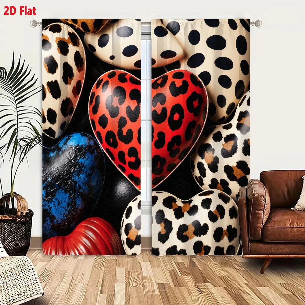 2Pcs Curtains 2D Flat Heart - Shaped Decorative Objects Collection With Leopard Print Polka Dot Textured Patterns Eclectic Artis