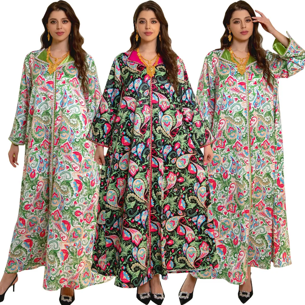 

Women Abaya Muslim Fashion Printing Luxury Diamonds Maxi Dress Turn-down Collar Long Dresses Ramadan Jalabiya 2024 Spring Dress