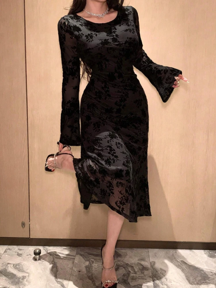البوب جديد طاقم الرقبة الأسود الأزهار الدانتيل أنيقة ميدي فستان مثير شبكة طويلة مضيئة كم فساتين الزفاف ضيف المرأة الفاخرة حفلة الدكتور #5