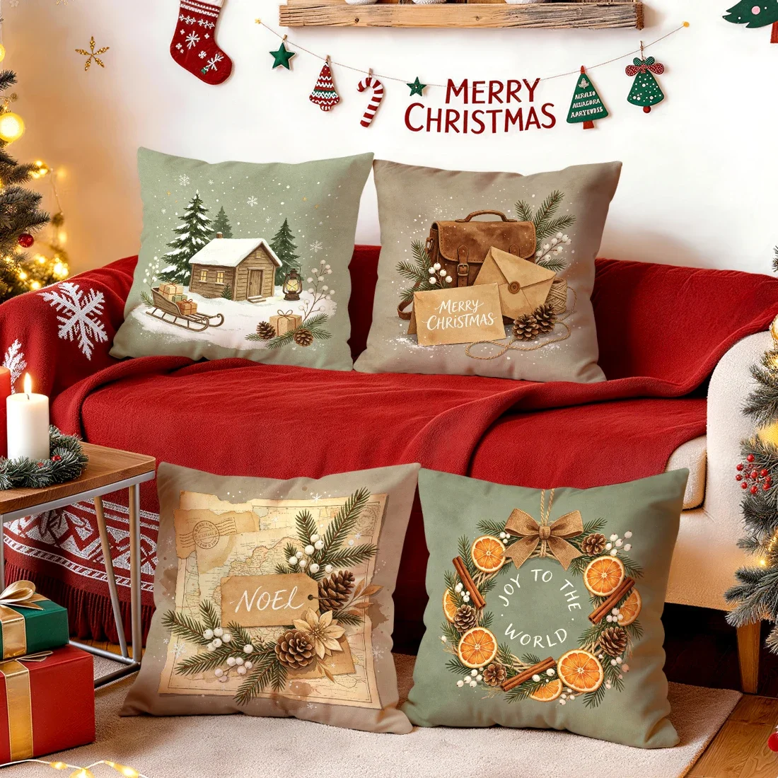 1/4pcs Christmas Snowhouse Wreath Cushions Pillowcase Polyester Cushion Cover Throw Pillow Pillowcover Home Car Sofa Decor
