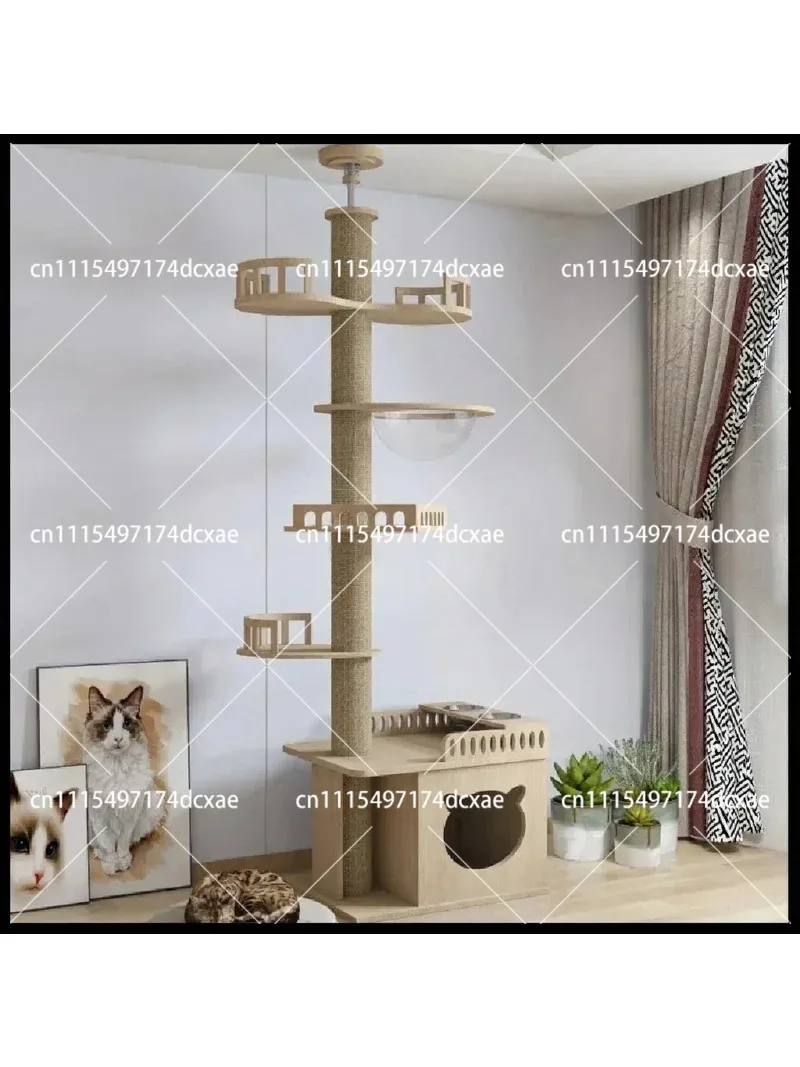 Solid Wood Cat Tree Multilayer Adjustable Climbing Tower Multifunctional Floor Standing Pet Furniture for Kittens