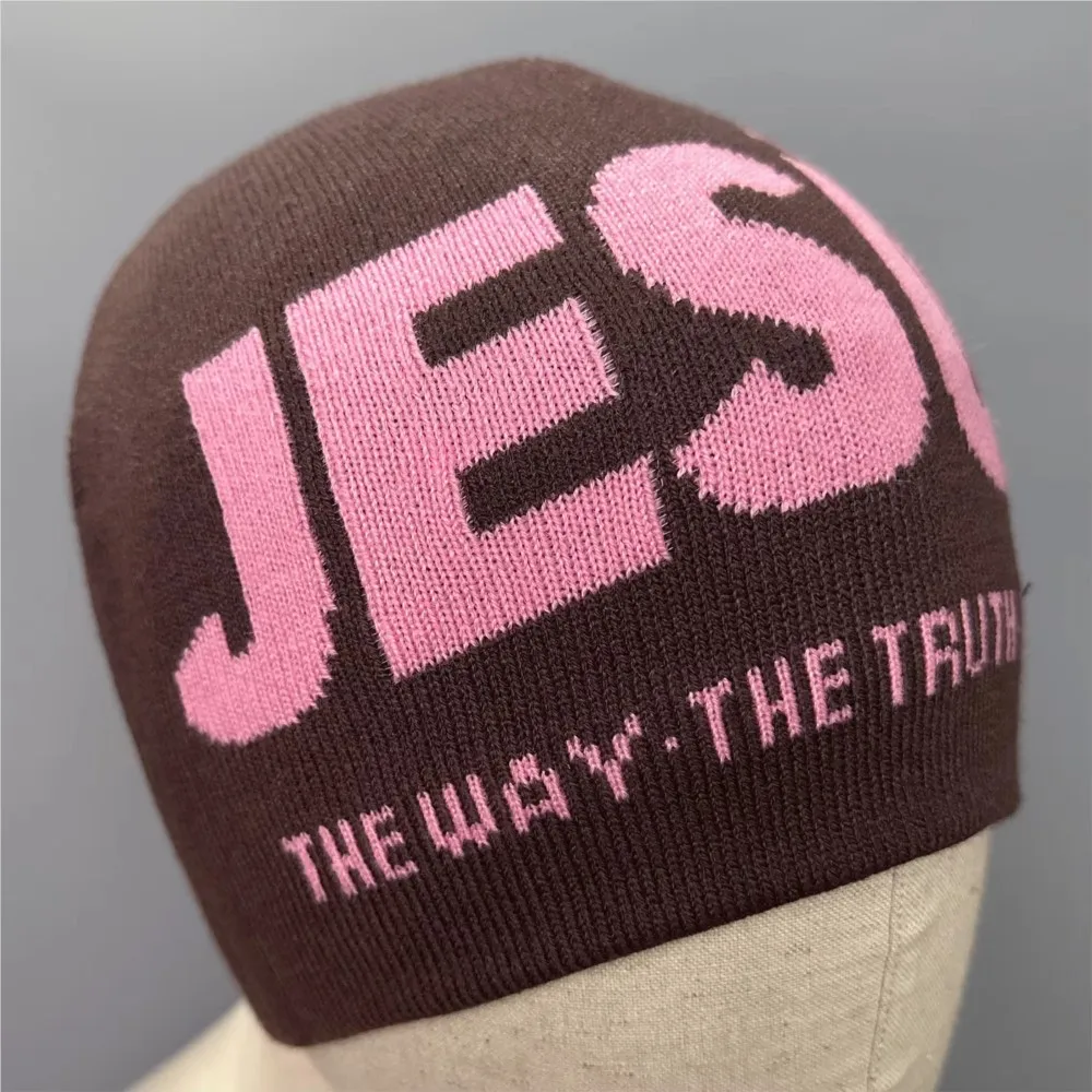 Y2k Women Jacquard Alphabet JESUS Knit Beanies Hat Men Letter Winter Fashion Kpop Goth Warm Hip Hop Thermal Unisex Pullover Hat