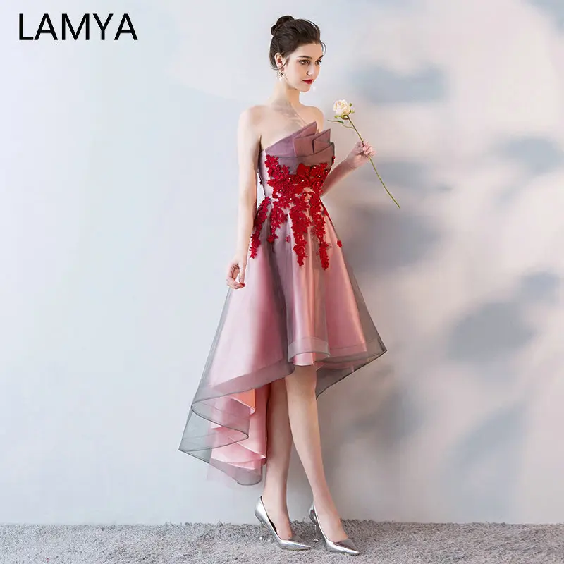 Customized Short Front Back Long Tail Prom Dresses Women Banquet High Low Evening Party Dress Vintage Lace Scalloped Formal Gown