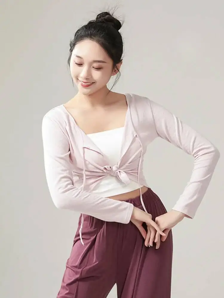 Women Long Sleeve V Neck Ballet Dance Top Solid Color Classical Stage Costume Modern Chinese Folk Performance Cardigan Shirt
