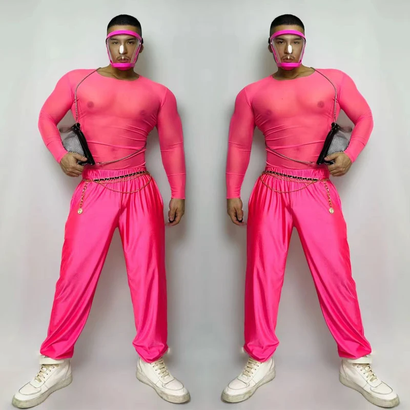 

Nightclub DJ DS Party Sexy Pole Dance Clothing Fluorescent Pink Mesh Top Pants Men Gogo Costumes Stage Rave Outfits XS4233