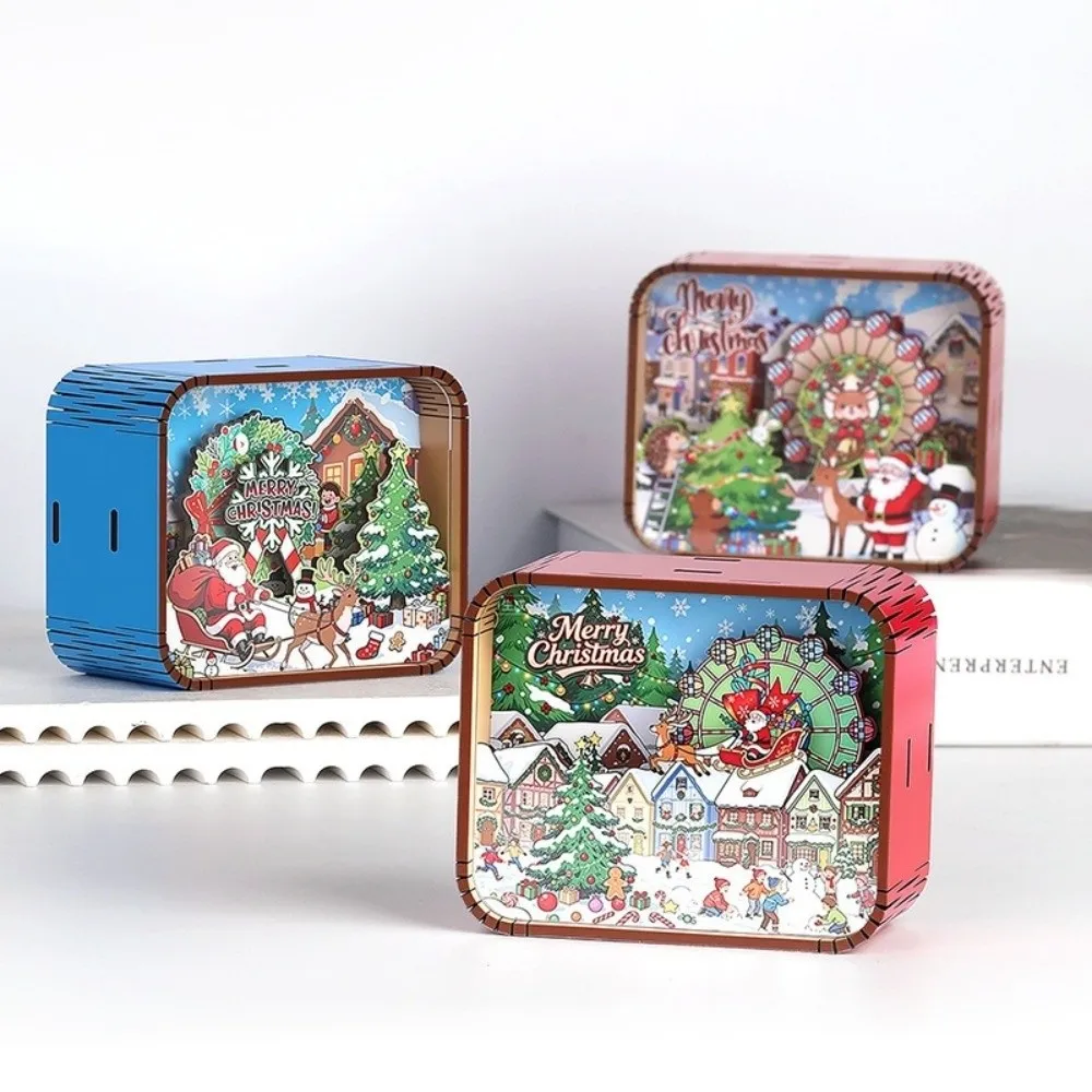 Retro 3D Scene Christmas Music Box Wind-up Rotating Wooden Music Box Tabletop Santa Claus Musical Ornament Gift Souvenir