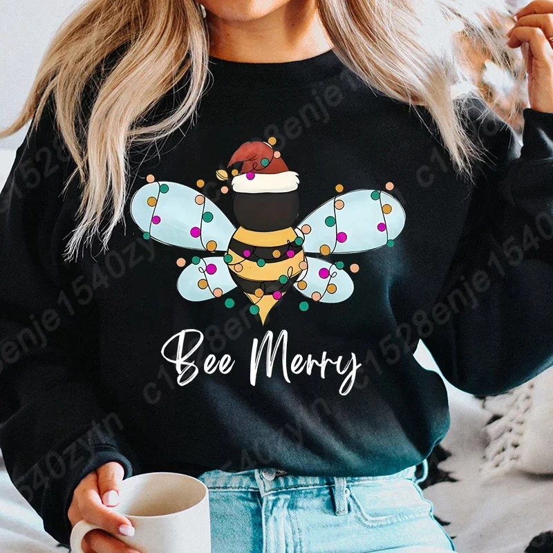 Women\'s Christmas Bee & Letter Print Sweatshirts, Cute Long Sleeve Crew Neck Pullovers for Festive Holiday Wear