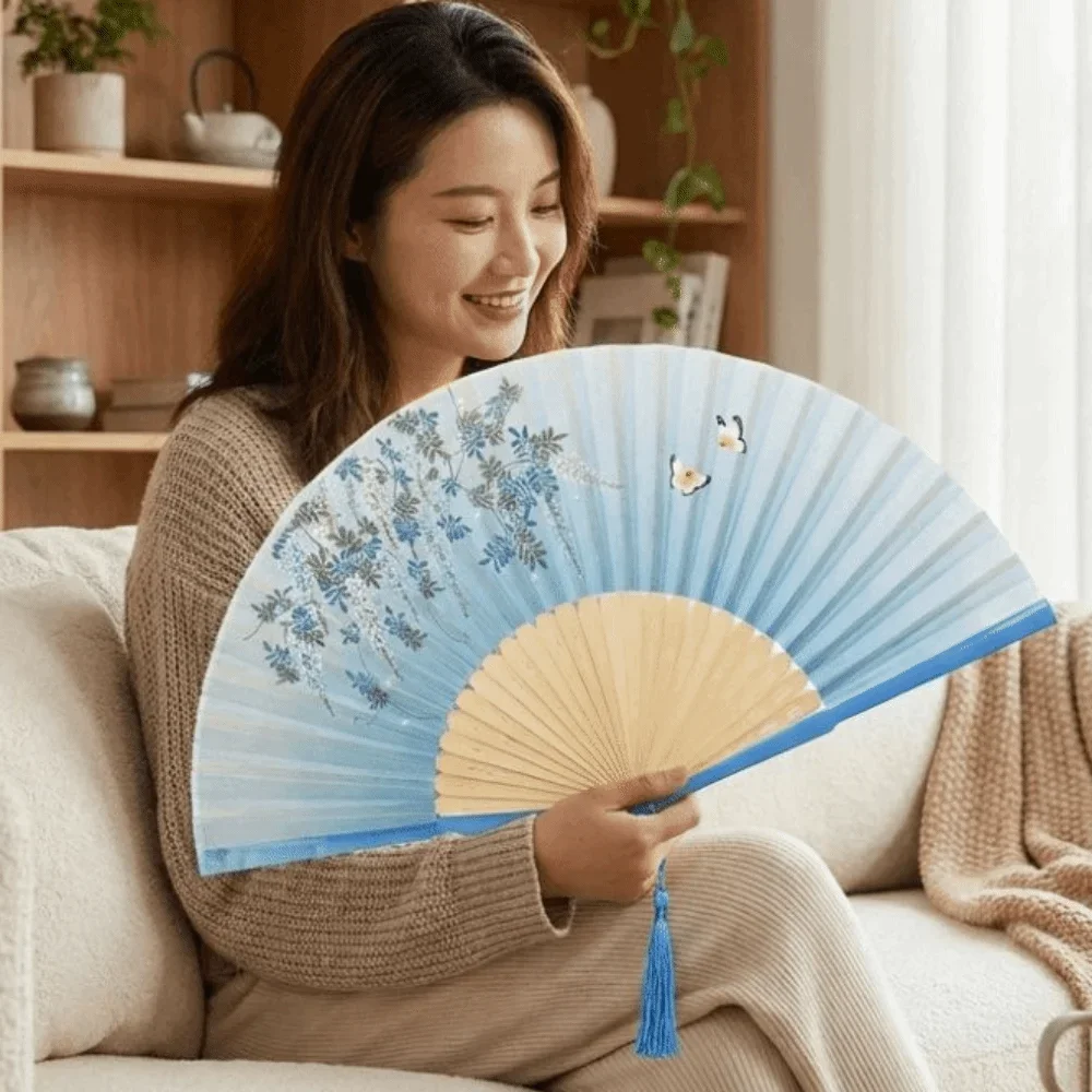 Silk Bamboo Fan with Floral Pattern, Handheld Vintage Folding Fan, Semi-Transparent, Handcrafted, Artisan Gift