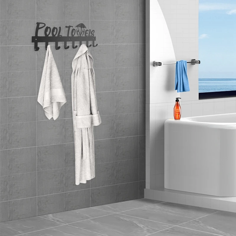 رف مناشف A21I-Pool مع 8 خطافات، حامل مناشف مثبت على الحائط للاستخدام الخارجي أو الحمام، شماعة منشفة لتعليق أردية الحمام