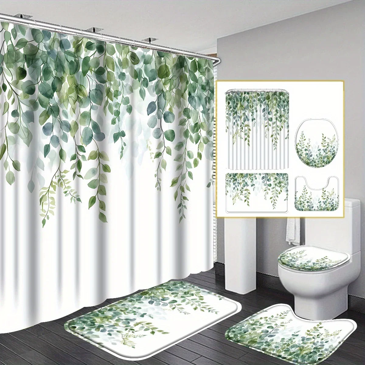

Набор из 4-х занавесок для душа в ванной с зеленым эвкалиптом, занавеска для душа с акварельными зелеными листьями, U-образный коврик для ванной и сиденье для унитаза
