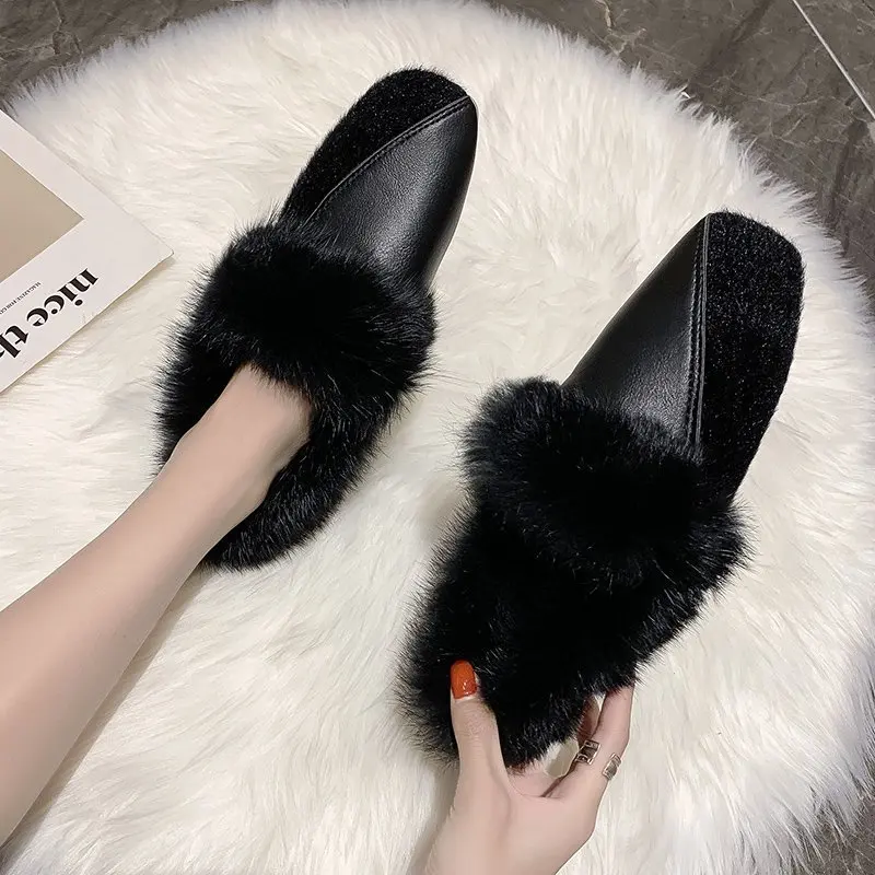 Winter Patchwork square toe fur shoes women fluffy plush flats add cashmere moccasins retro warm rabbit fur loafers woman 2021