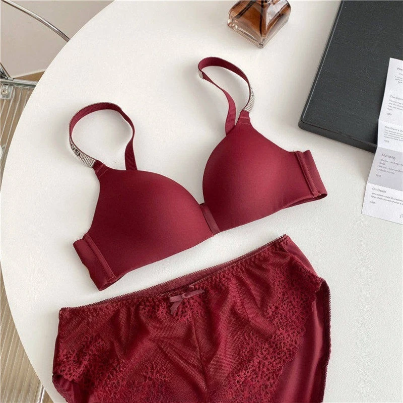 French Style Sexy Rhinestone Strap Bra Set Seamless Light Summer Elegant Push Up Anti Sagging Feminine Ladies Lingerie Set