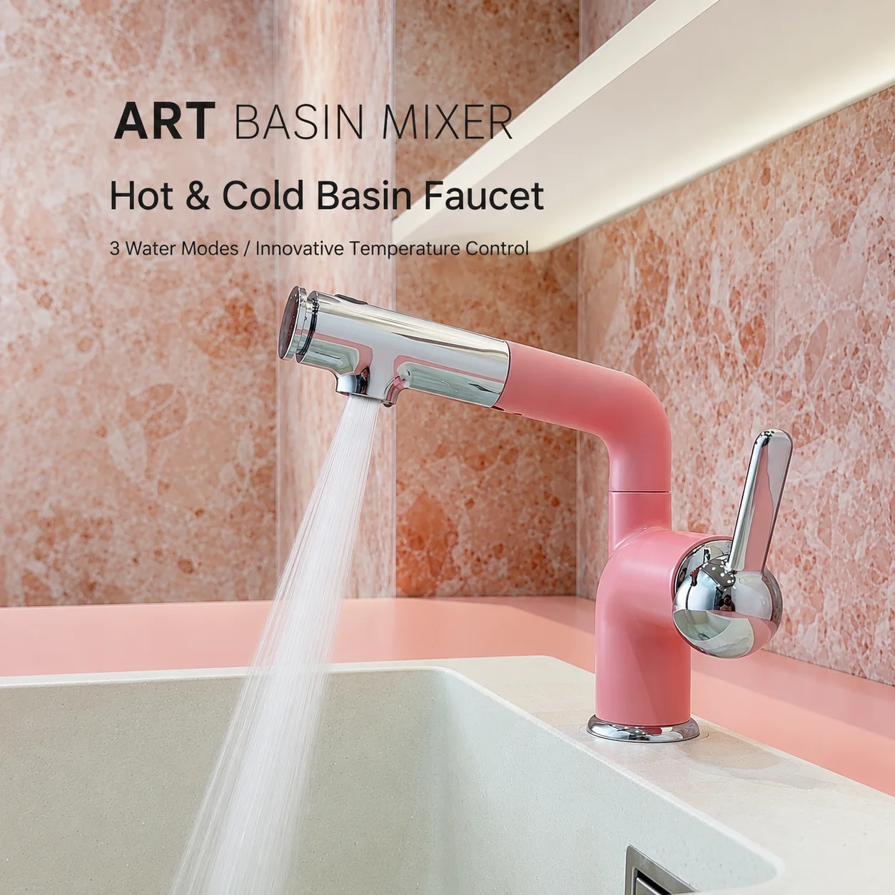 Pull Out Bathroom Basin Faucet 360° Swivel Cream White Sink Mixer Tap 3 Modes Hot Cold for Washbasin Vanity