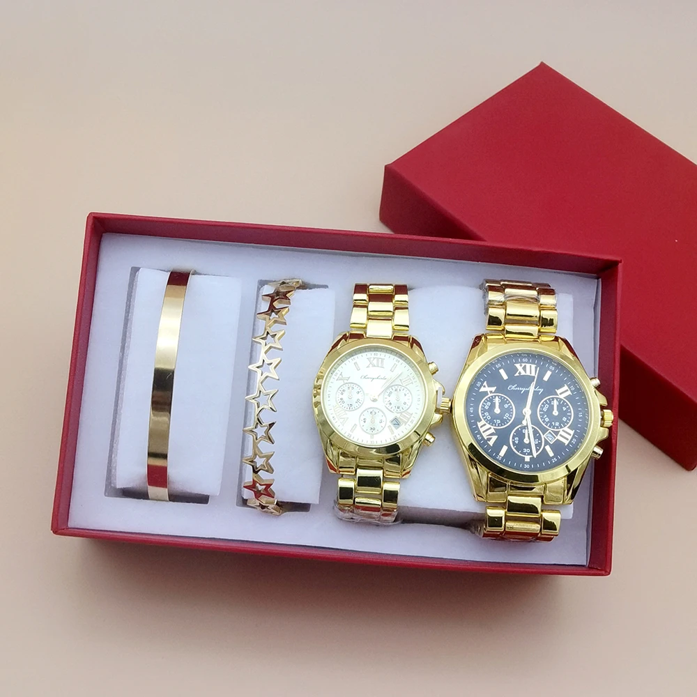 Conjunto de reloj de pareja para hombre, reloj de acero de cuarzo para amantes, reloj de pulsera de lujo para mujer, reloj femenino con pulsera Nesklace, regalos de 4 Uds.