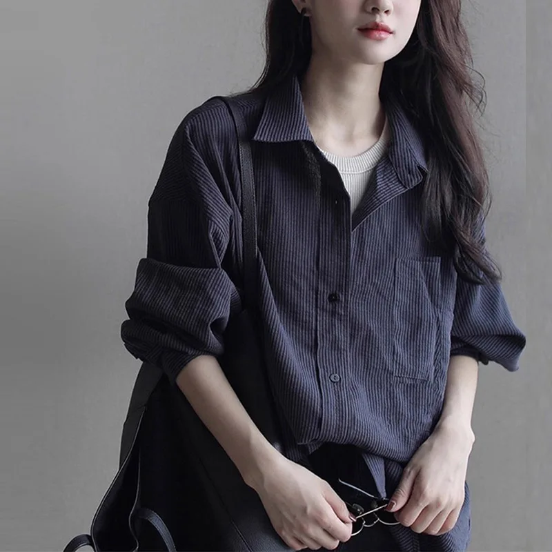 

Vintage Women's Blouses Striped Casual Shirts Fashion Loose Spring Autumn Korean Clothing Long Sleeved Women Tops