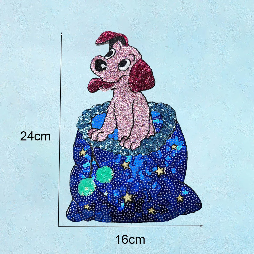 1 Piece 16*24cm Elaborate Sequined Dog Design Patch Fashion Pink-blue Shining Iron On Patch for Clothing Decoration DIY Applique