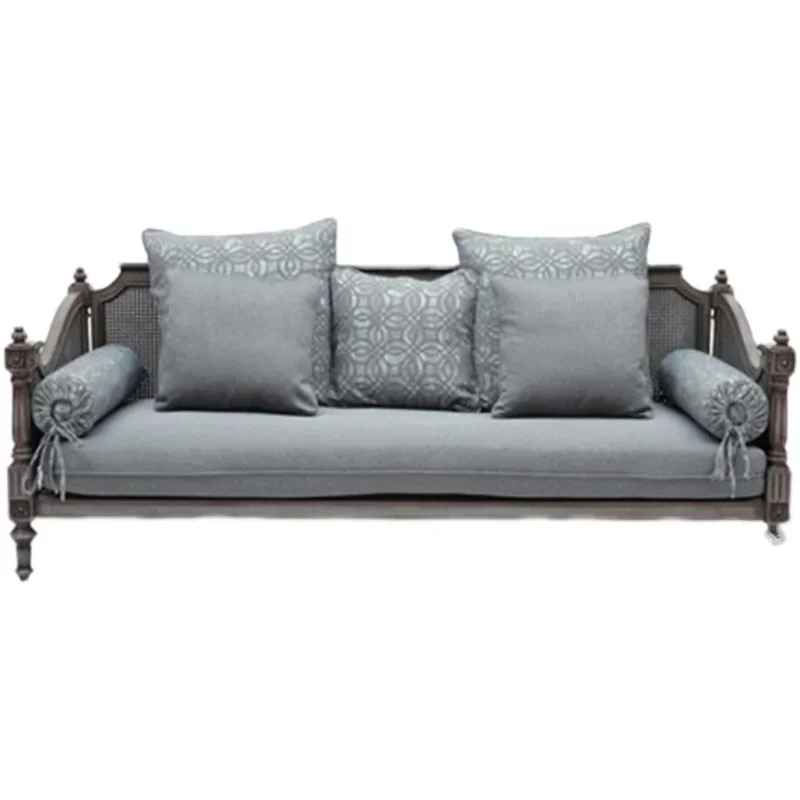 

French solid wood retro old solid wood carving flower three-person sofa American rattan art sofa custom villa luxury