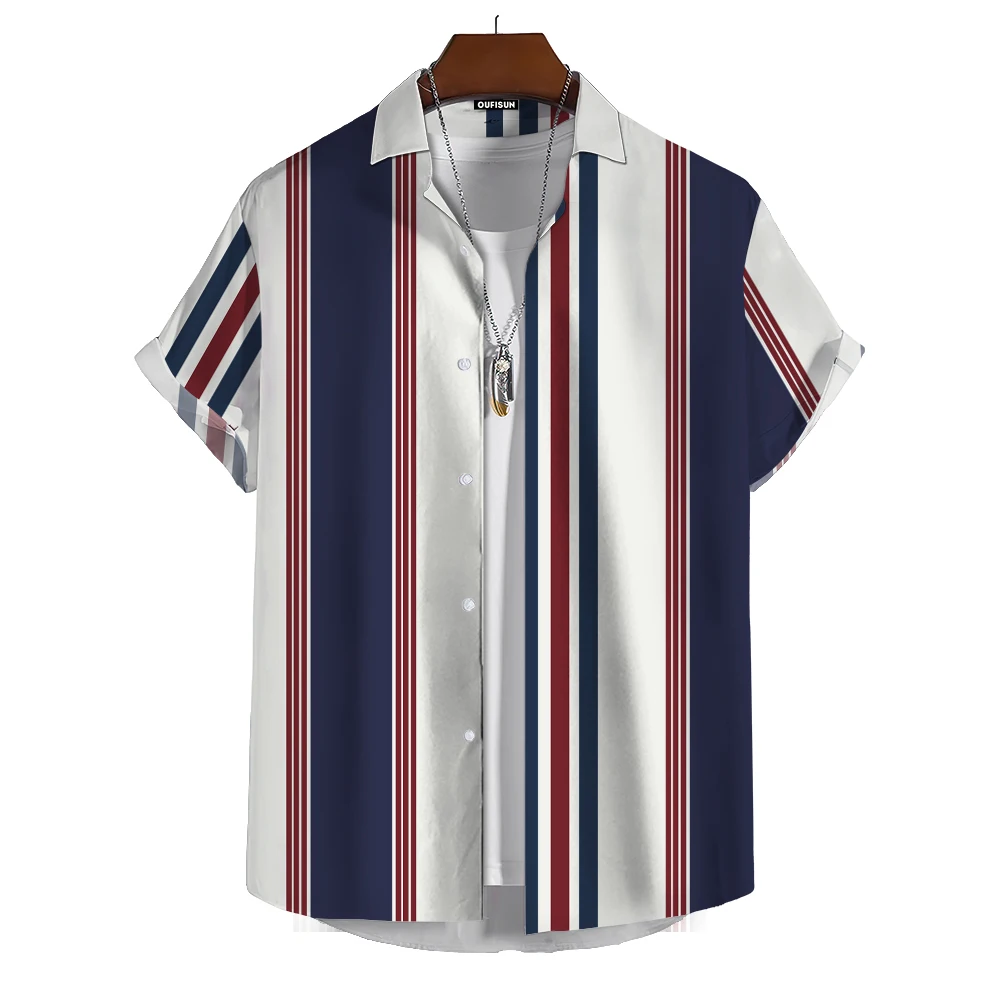 Summer Fashion Men\'s Printed Short Sleeve Shirt Stripe Print Street Daily Casual Men\'s Shirt Oversized Tops Size S-5XL