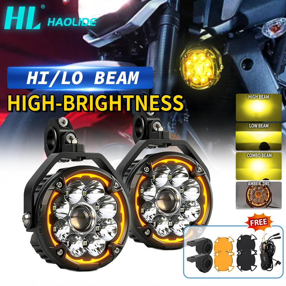 HL Motorcycle LED Auxiliary Light 4 Modes High Low Beam Combo Amber DRL Spotlight Dimmer Switch Super Bright off-road use 12V
