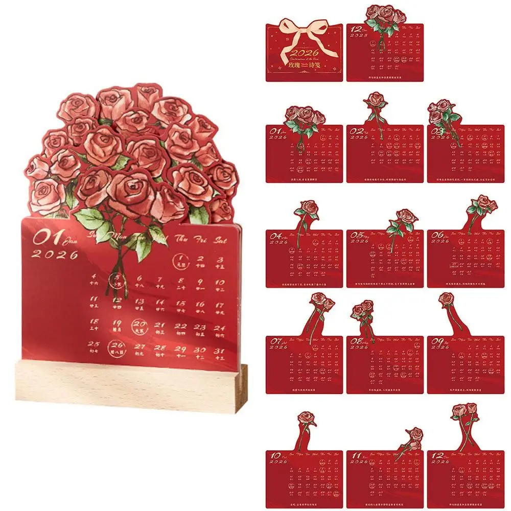 

Simple 2026 Desk Calendar Card Insert Rose Painting Mini Calendar With Wooden Base Monthly Planner Desktop Decoration
