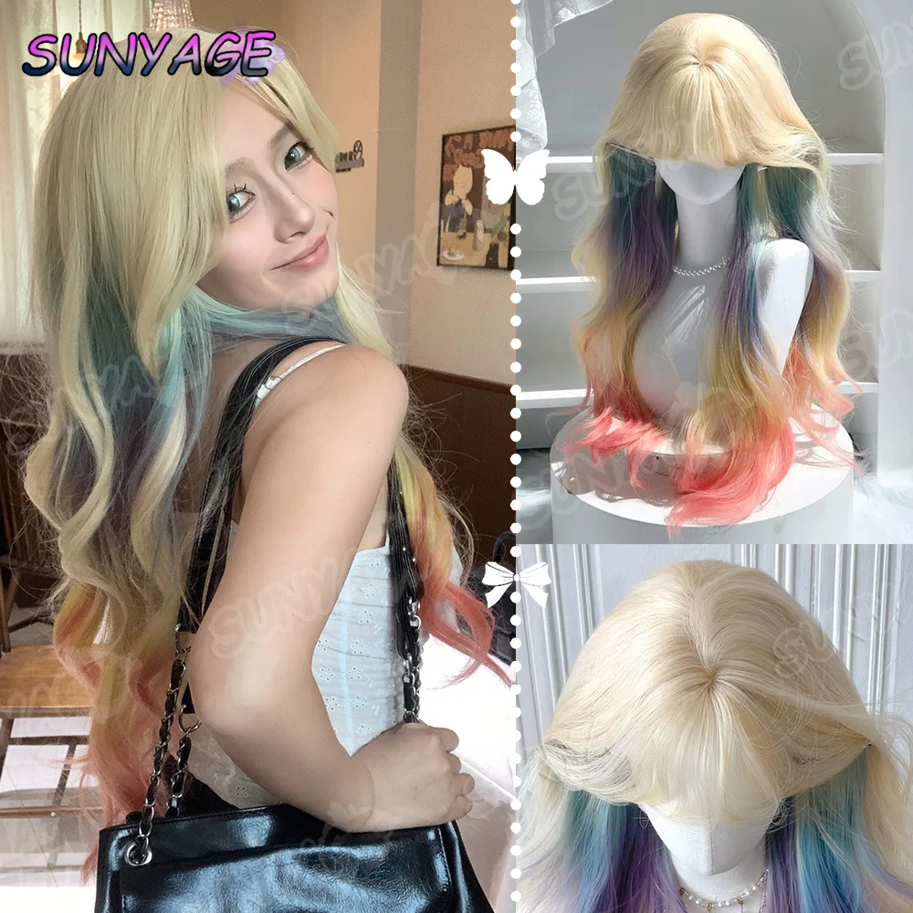 

SUNYAGE женский синтетический парик цвета радуги, большая волна, градиент, длинные вьющиеся волосы, повязка на голову в стиле Лолиты для ежедневных вечеринок, использование на Хэллоуин