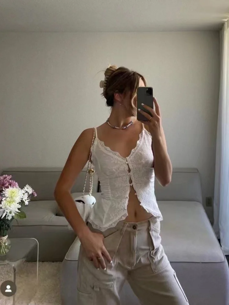 

White Lace Women Sleeveless Backless Tops Fashion V-neck See Through Cropped Vest Summer Lady Daily Vacation Street Outfits 2026